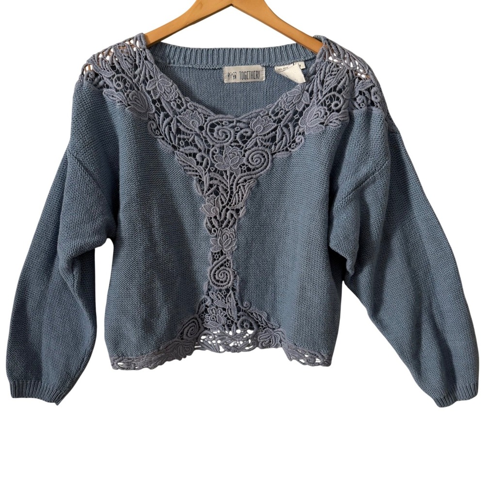Vintage Together! Sz MD Boho Blue Ramie Cotton Lace Crochet Sweater Cottagecore